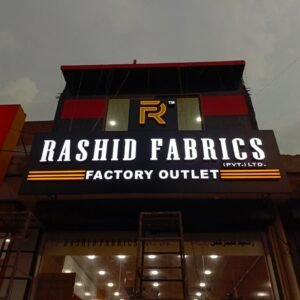 Rashid Fabrics Factory Outlet 3D illuminated signboard in Multan